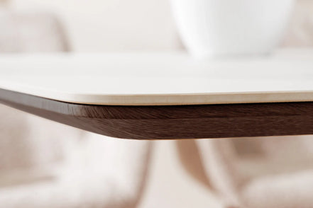 Dining table UNIQUE 200cm oval frame walnut wood veneered ceramic white marble top