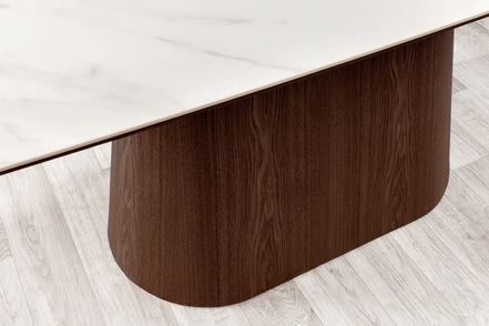 Dining table UNIQUE 200cm oval frame walnut wood veneered ceramic white marble top