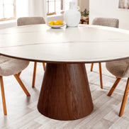 Dining table UNIQUE 120cm round walnut wood veneered ceramic white marble top
