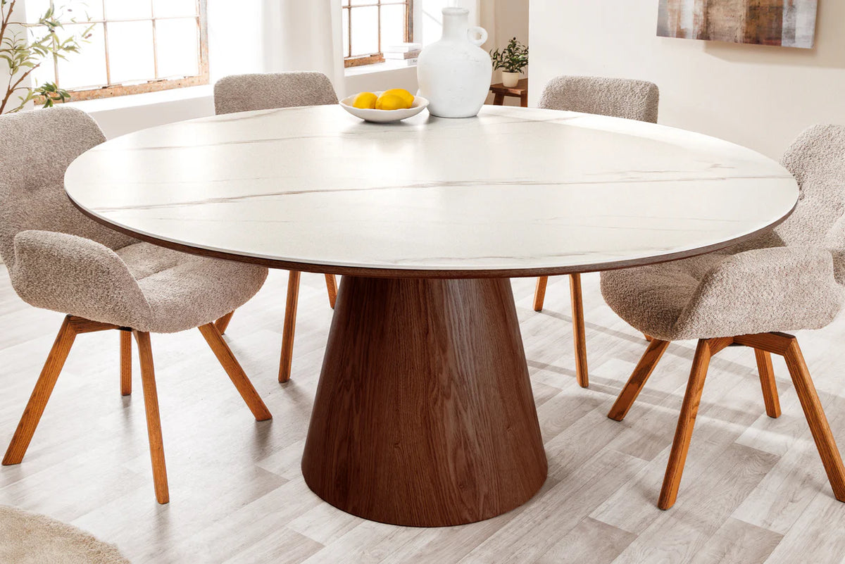 Dining table UNIQUE 120cm round walnut wood veneered ceramic white marble top