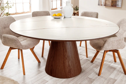 Dining table UNIQUE 120cm round walnut wood veneered ceramic white marble top