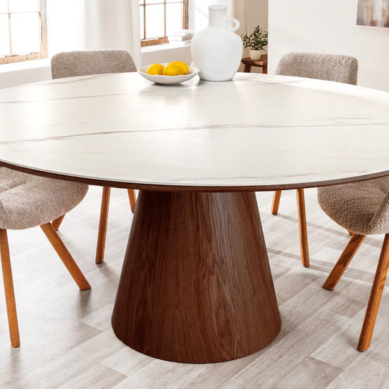 Dining table UNIQUE 120cm round walnut wood veneered ceramic white marble top