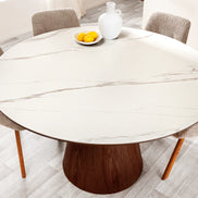 Dining table UNIQUE 120cm round walnut wood veneered ceramic white marble top