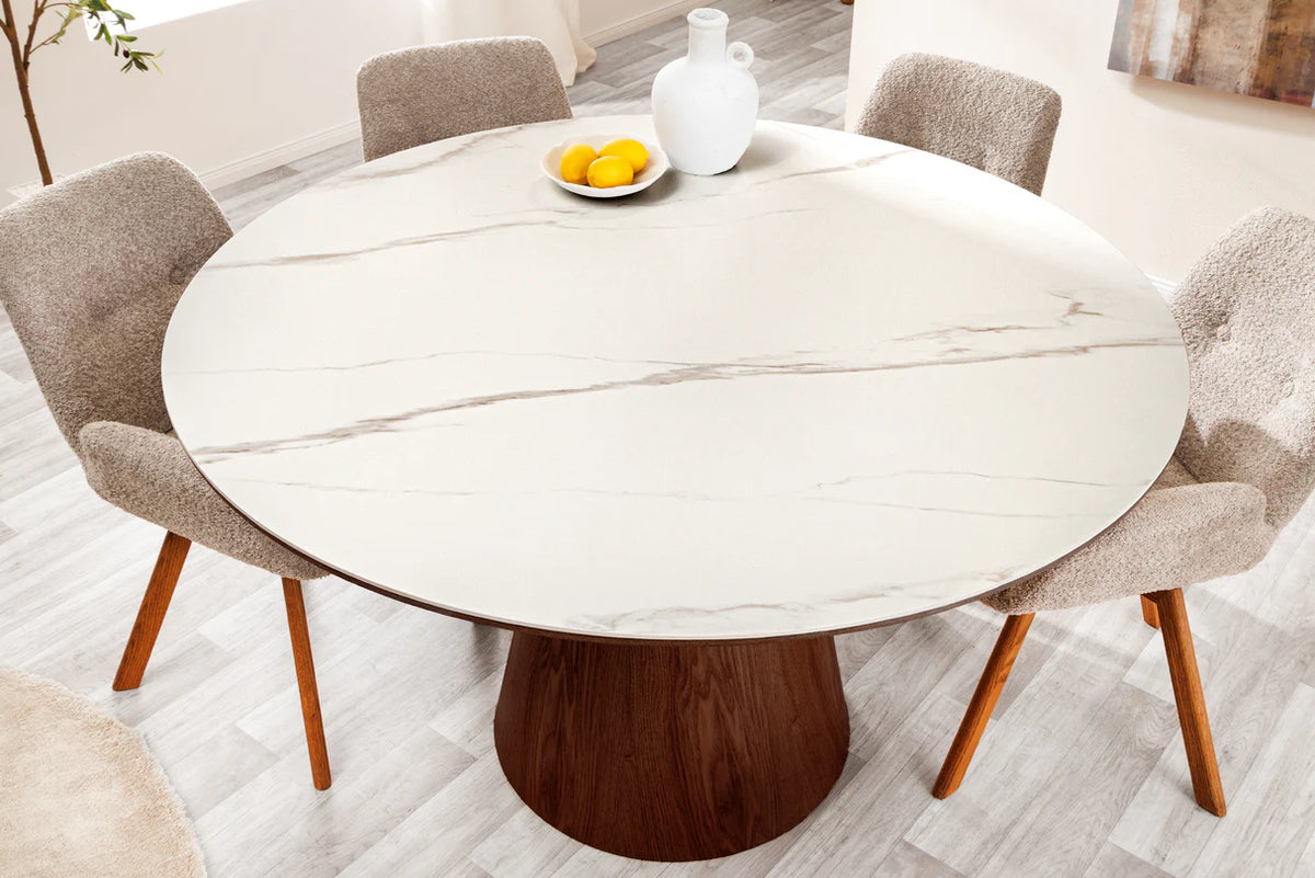 Dining table UNIQUE 120cm round walnut wood veneered ceramic white marble top