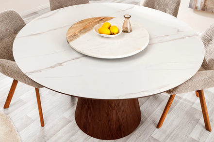 Dining table UNIQUE 120cm round walnut wood veneered ceramic white marble top