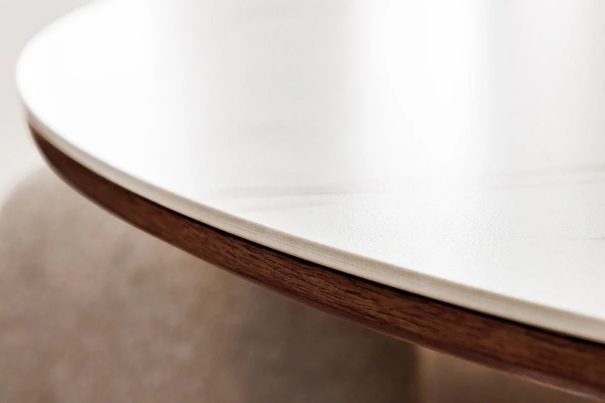 Dining table UNIQUE 120cm round walnut wood veneered ceramic white marble top