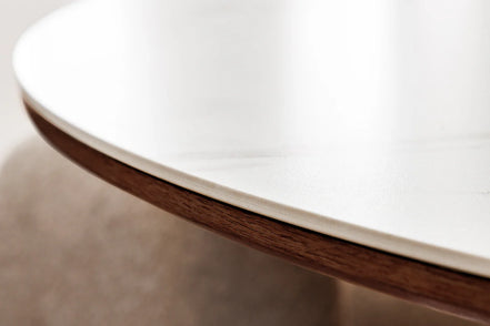 Dining table UNIQUE 120cm round walnut wood veneered ceramic white marble top