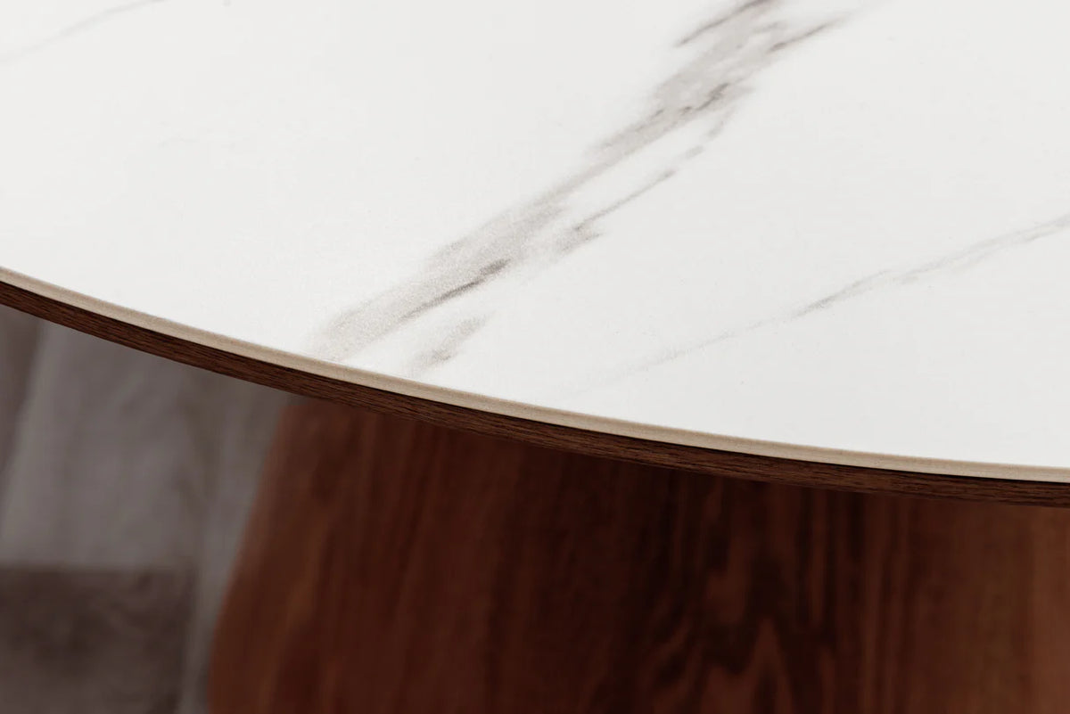 Dining table UNIQUE 120cm round walnut wood veneered ceramic white marble top
