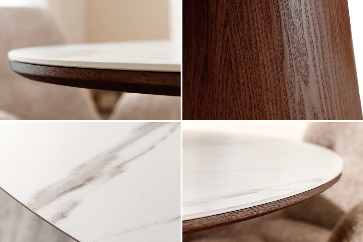 Dining table UNIQUE 120cm round walnut wood veneered ceramic white marble top