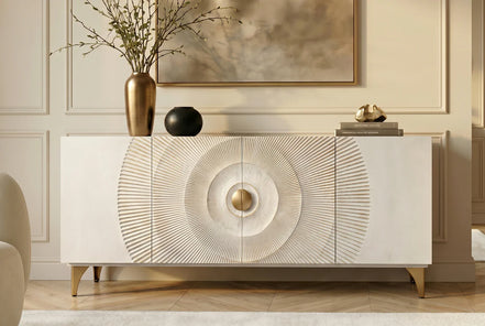 Komód GOLDEN SUNSET 180 cm 3D mangófa fehér kézzel készített