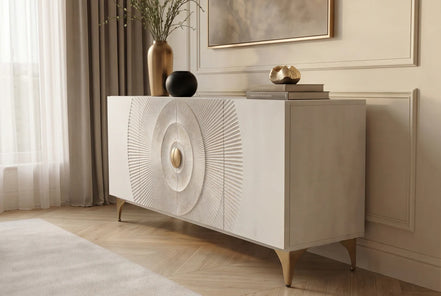 Komód GOLDEN SUNSET 180 cm 3D mangófa fehér kézzel készített