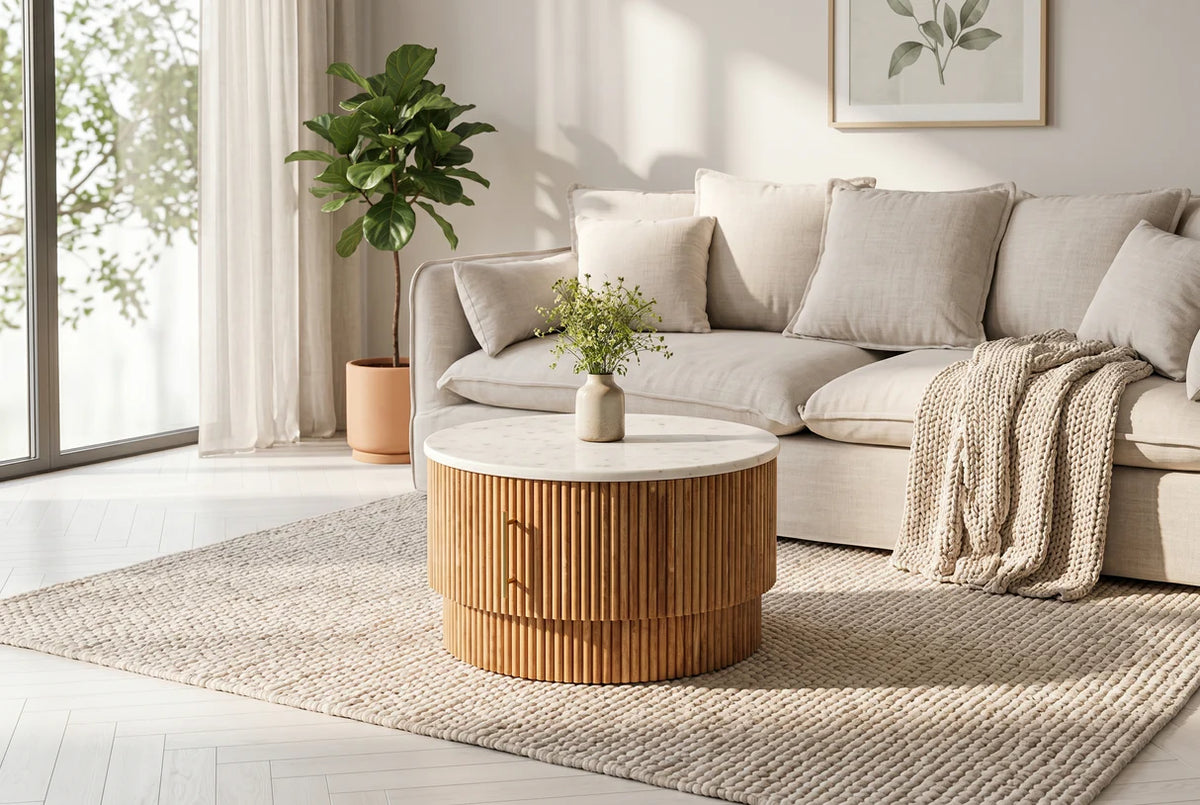 TRES CHIC coffee table Ø 60 cm round mango wood with natural white marble top
