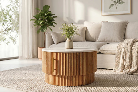 TRES CHIC coffee table Ø 60 cm round mango wood with natural white marble top