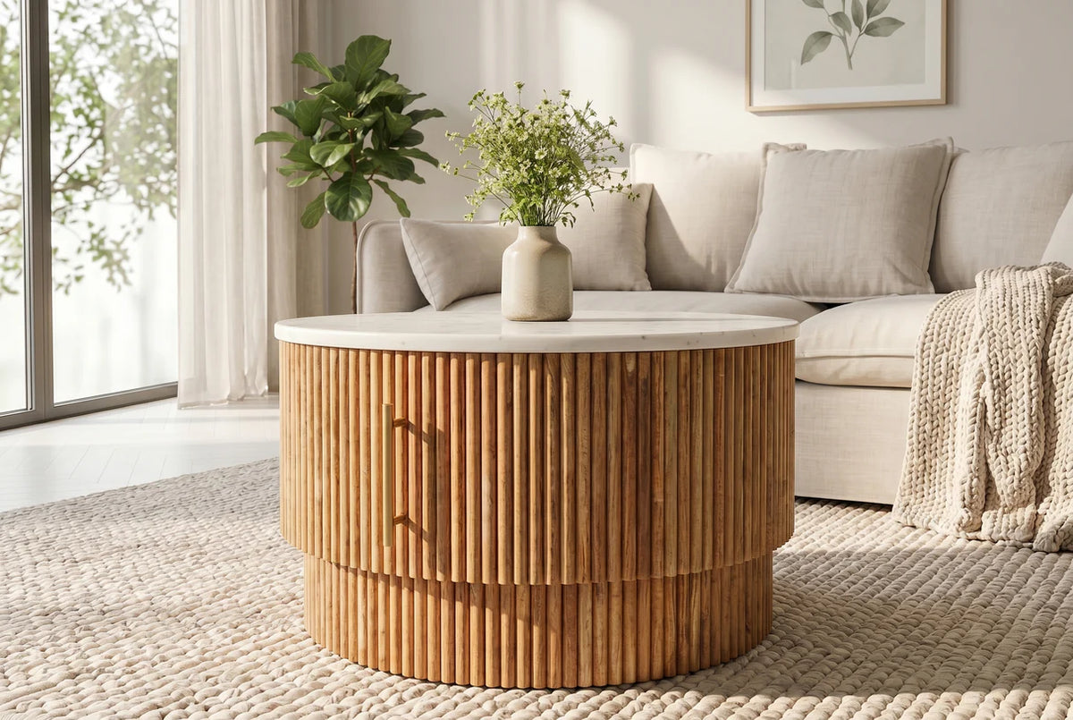 TRES CHIC coffee table Ø 60 cm round mango wood with natural white marble top