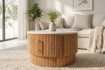 TRES CHIC coffee table Ø 60 cm round mango wood with natural white marble top