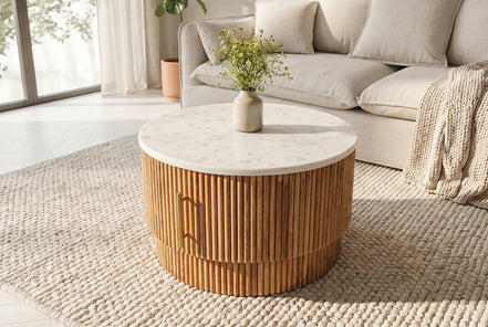 TRES CHIC coffee table Ø 60 cm round mango wood with natural white marble top