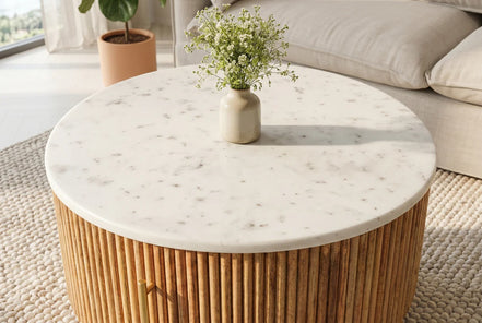 TRES CHIC coffee table Ø 60 cm round mango wood with natural white marble top