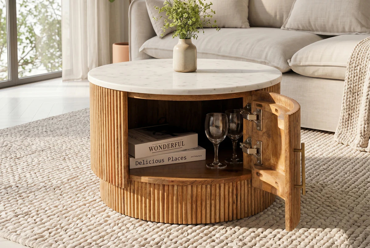 TRES CHIC coffee table Ø 60 cm round mango wood with natural white marble top