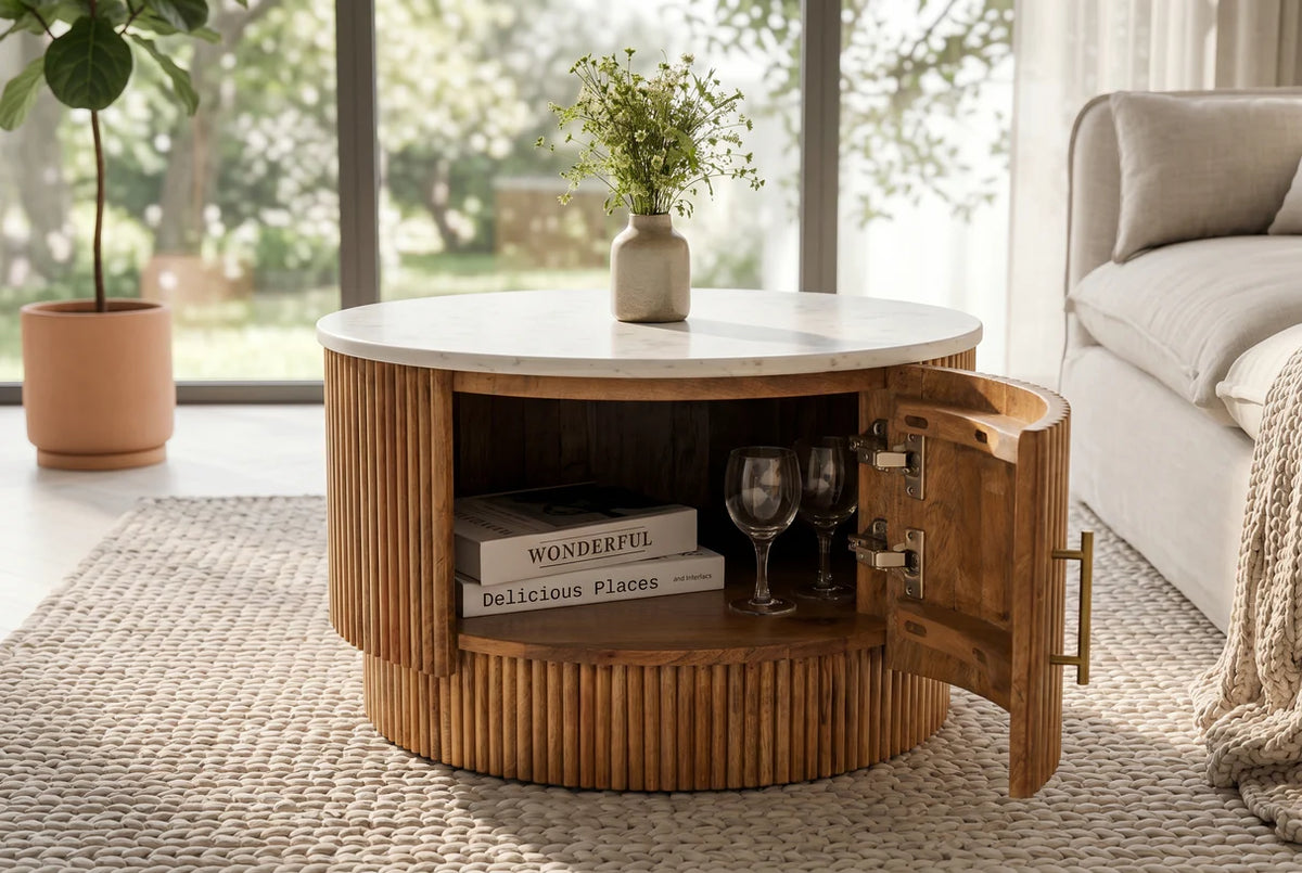 TRES CHIC coffee table Ø 60 cm round mango wood with natural white marble top