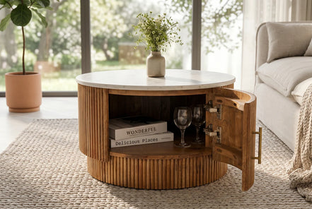 TRES CHIC coffee table Ø 60 cm round mango wood with natural white marble top