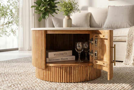 TRES CHIC coffee table Ø 60 cm round mango wood with natural white marble top