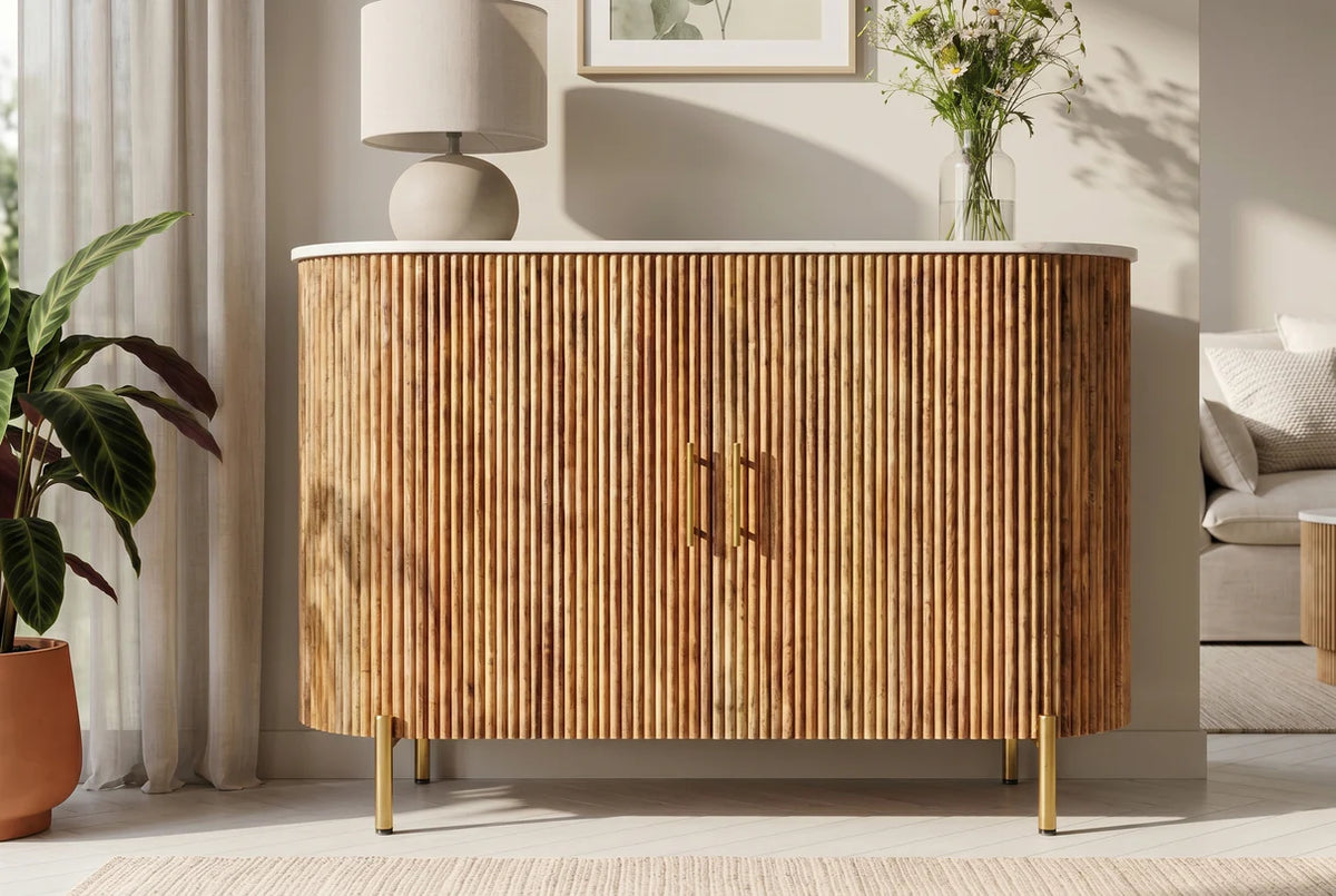 TRES CHIC chest of drawers 105 cm mango wood natural with white marble top and gold-colored handles