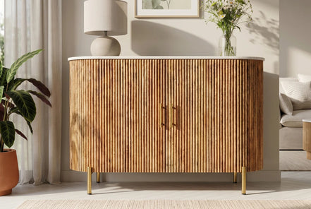TRES CHIC chest of drawers 105 cm mango wood natural with white marble top and gold-colored handles