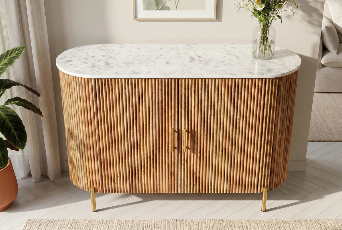 TRES CHIC chest of drawers 105 cm mango wood natural with white marble top and gold-colored handles