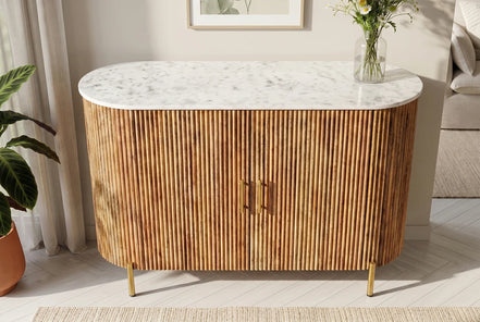 TRES CHIC chest of drawers 105 cm mango wood natural with white marble top and gold-colored handles
