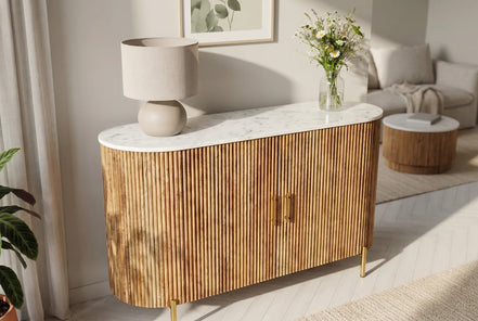 TRES CHIC chest of drawers 105 cm mango wood natural with white marble top and gold-colored handles