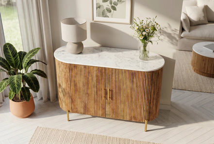 TRES CHIC chest of drawers 105 cm mango wood natural with white marble top and gold-colored handles