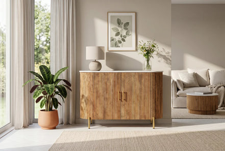 TRES CHIC chest of drawers 105 cm mango wood natural with white marble top and gold-colored handles