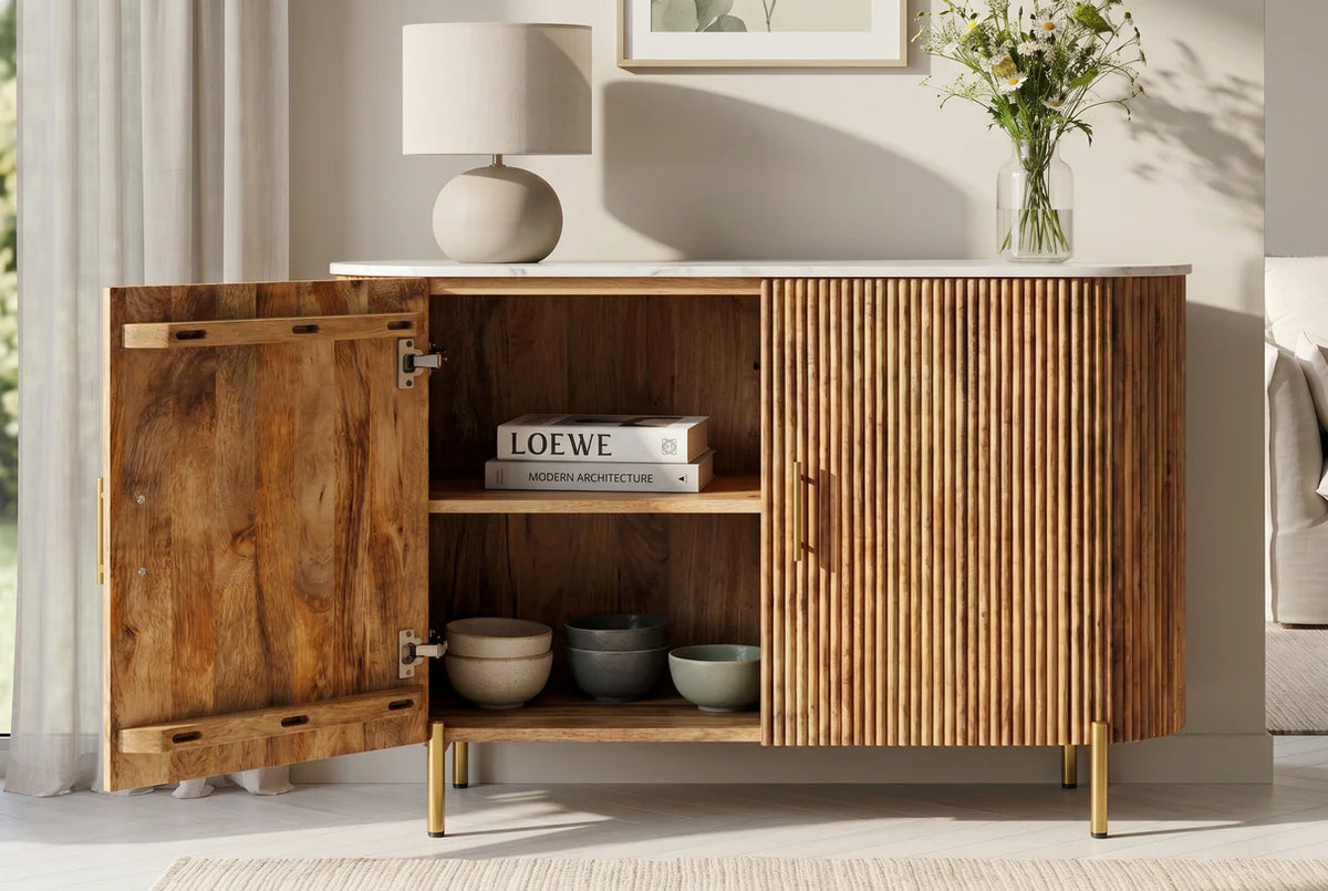 TRES CHIC chest of drawers 105 cm mango wood natural with white marble top and gold-colored handles