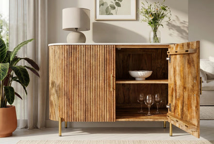 TRES CHIC chest of drawers 105 cm mango wood natural with white marble top and gold-colored handles