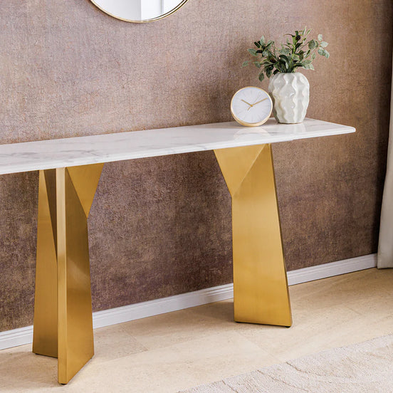EXTRAVAGANCIA console table 140cm with champagne gold legs and white marble top