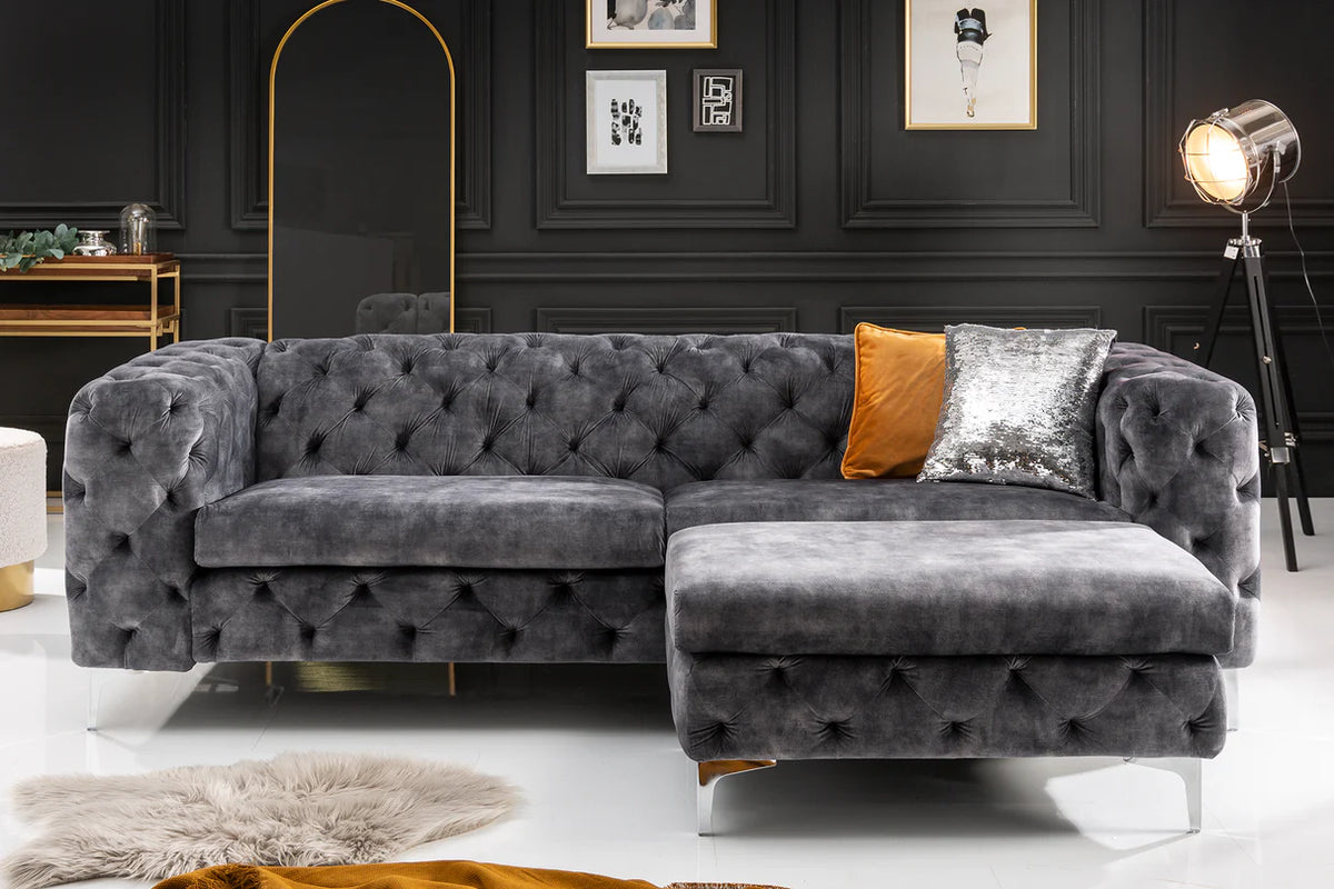 Lábtartó MODERN BAROCK 90 cm bársony sötétszürke chesterfield stílusban