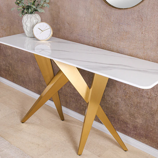 ART LIVING Console Table 140cm white marble top w/ champagne gold frame