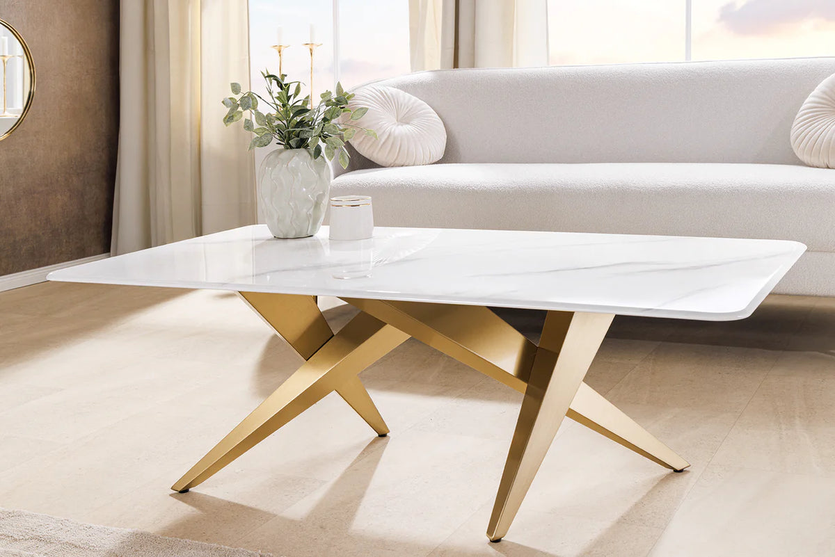 Coffee table ART LIVING 130cm ceramic white marble top w/ champagne golden frame