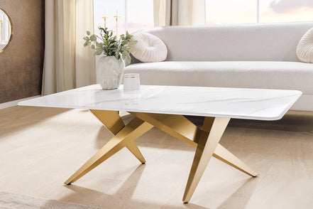 Coffee table ART LIVING 130cm ceramic white marble top w/ champagne golden frame