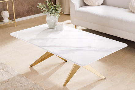 Coffee table ART LIVING 130cm ceramic white marble top w/ champagne golden frame