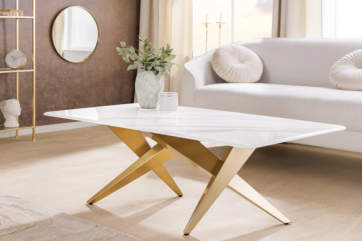 Coffee table ART LIVING 130cm ceramic white marble top w/ champagne golden frame