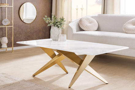 Coffee table ART LIVING 130cm ceramic white marble top w/ champagne golden frame