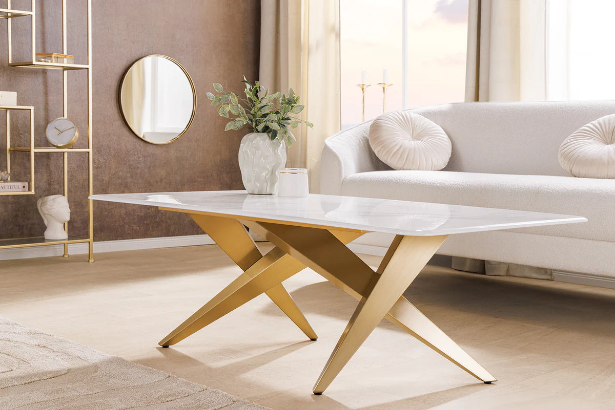 Coffee table ART LIVING 130cm ceramic white marble top w/ champagne golden frame