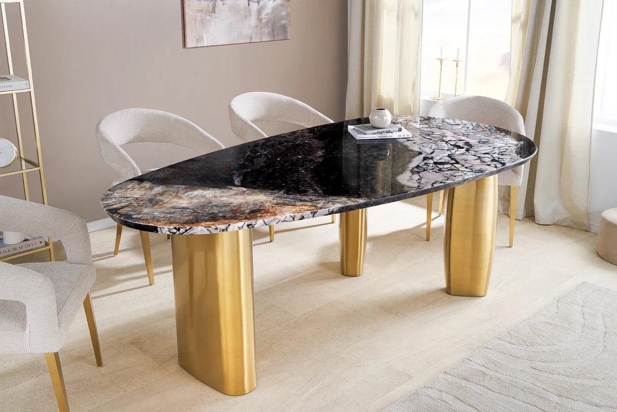 Dining table ORGANIC 200cm oval multicoloured marble top w/ champagne golden frame