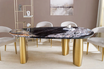 Dining table ORGANIC 200cm oval multicoloured marble top w/ champagne golden frame