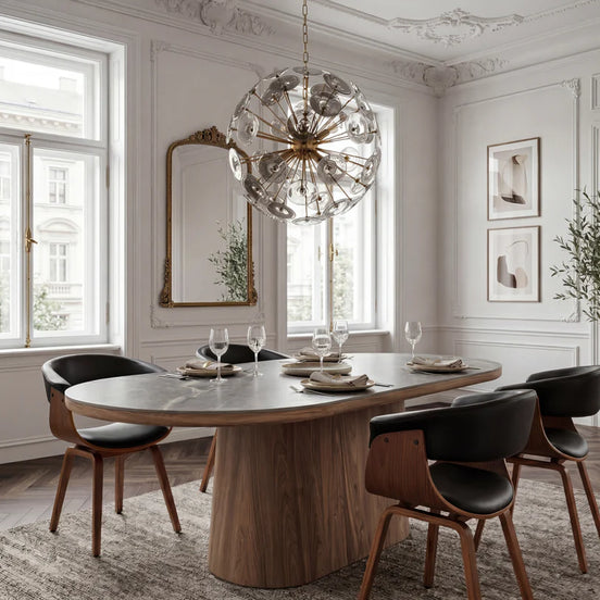 Dining table UNIQUE 200cm oval frame walnut wood veneered ceramic grey marble top