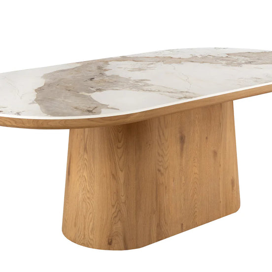 Dining table UNIQUE 200cm oval frame walnut wood veneered ceramic white marble top