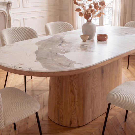 Dining table UNIQUE 200cm oval frame walnut wood veneered ceramic white marble top