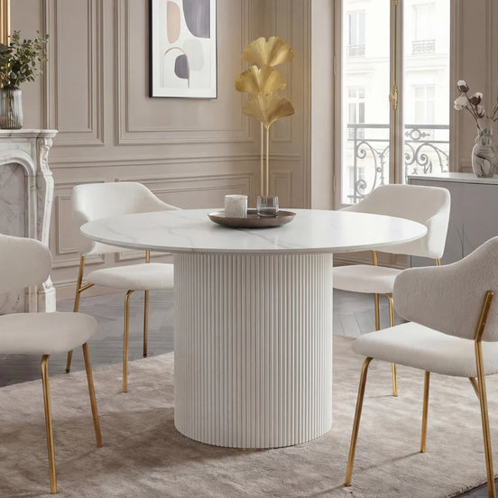Dining table UNIQUE 120cm round white frame ceramic white marble top