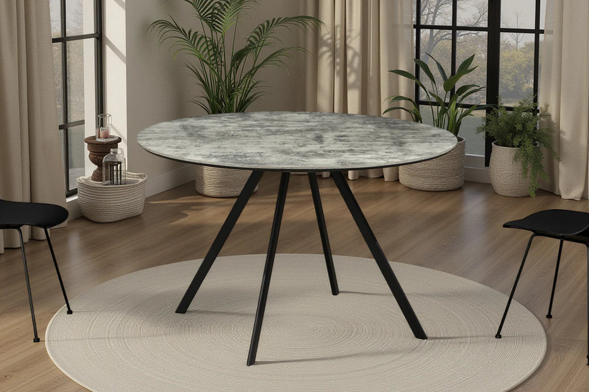 Étkezőasztal ATELIER 120 cm kerek szürke kőhatású fekete fémlábakkal